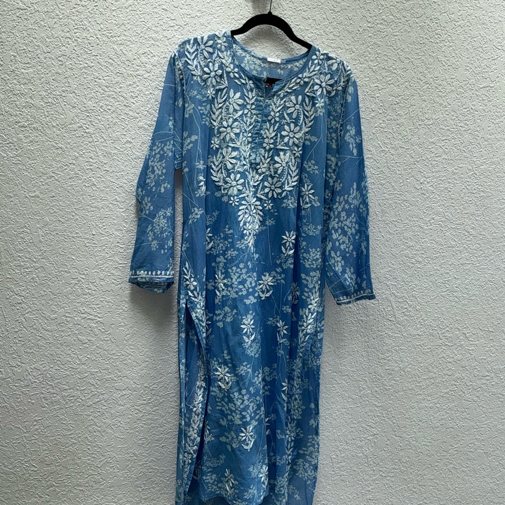 Floral Blue Midi Dress 7-‘s Bohemian Kurta Gorgeous Embroidery New